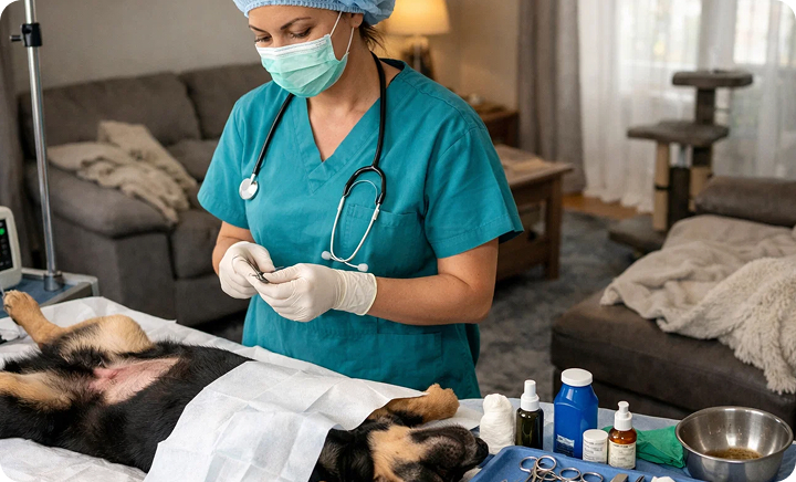 Ветеринар готовится к кастрации кобеля