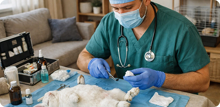 Ветеринар готовится к кастрации кролика